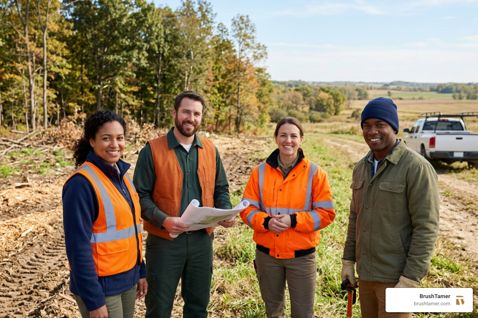 A professional team of male and female land managers wearing brand-colored safety gear standing next to a cleared forest