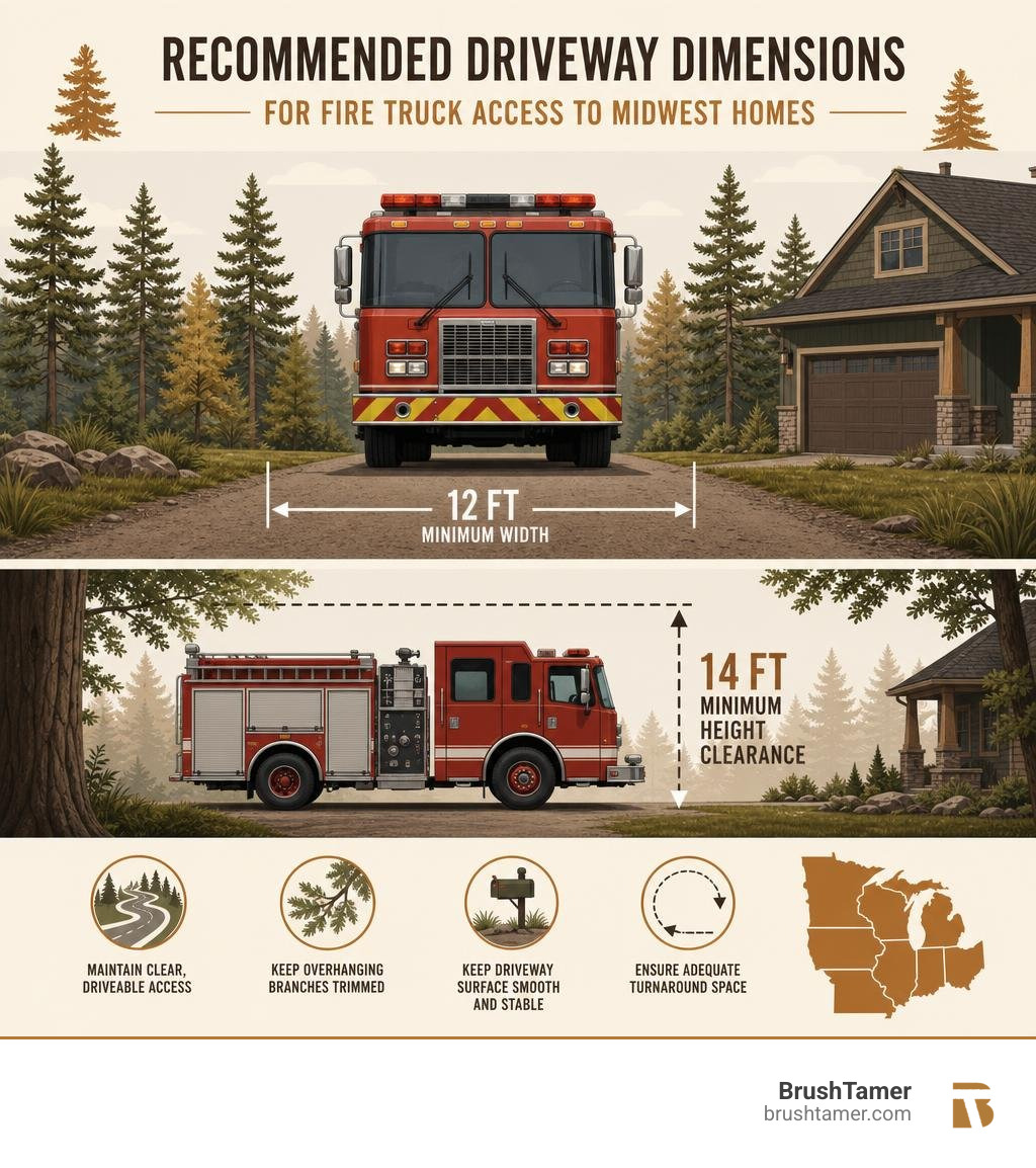 An infographic showing recommended driveway dimensions (12ft width, 14ft height clearance) for fire trucks accessing a