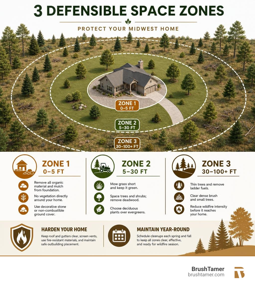 Infographic showing the three defensible space zones around a Midwest home with key actions per zone infographic