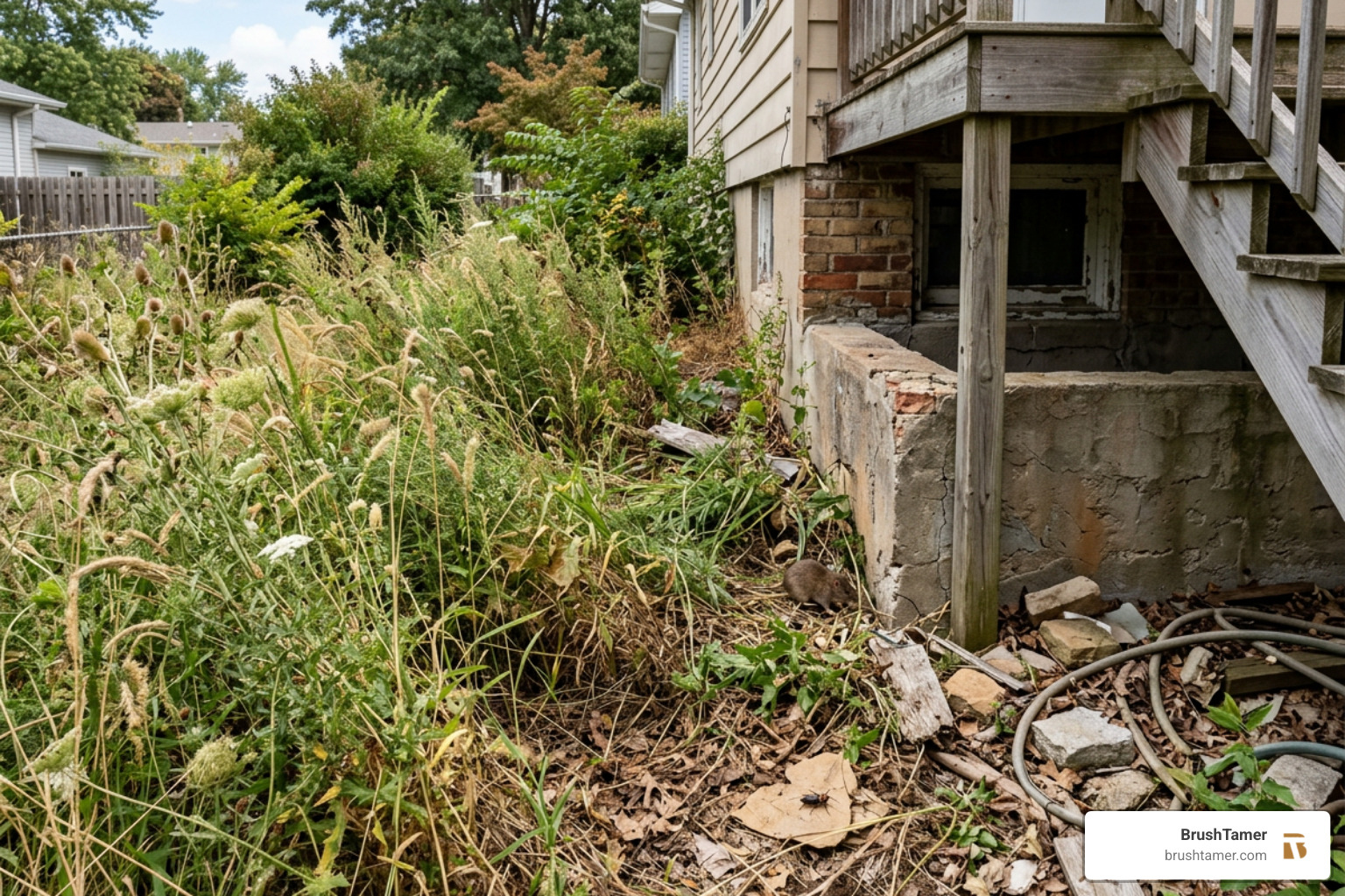 Dense brush harboring pests in a neglected backyard