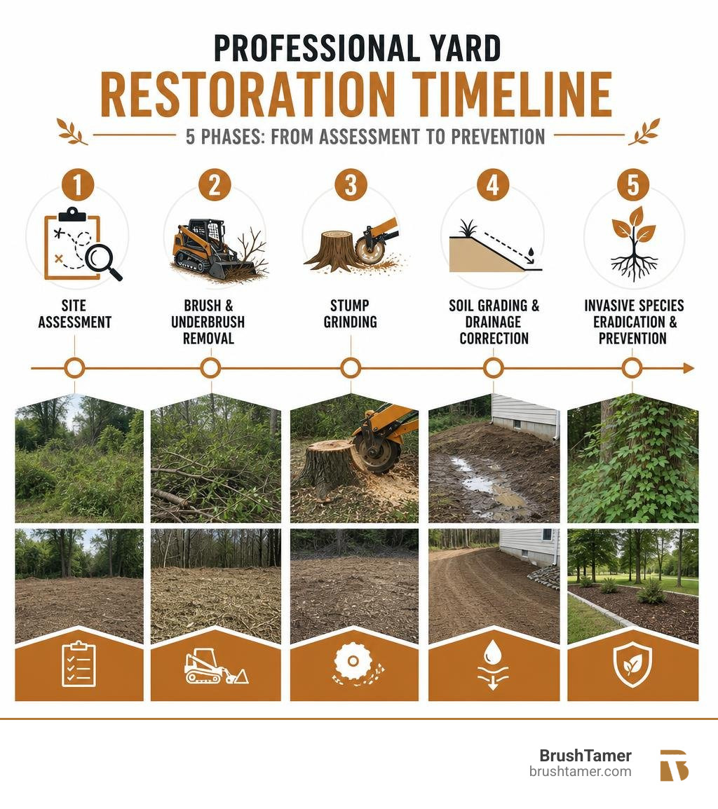 Professional yard restoration timeline infographic: 5 phases from assessment to prevention infographic
