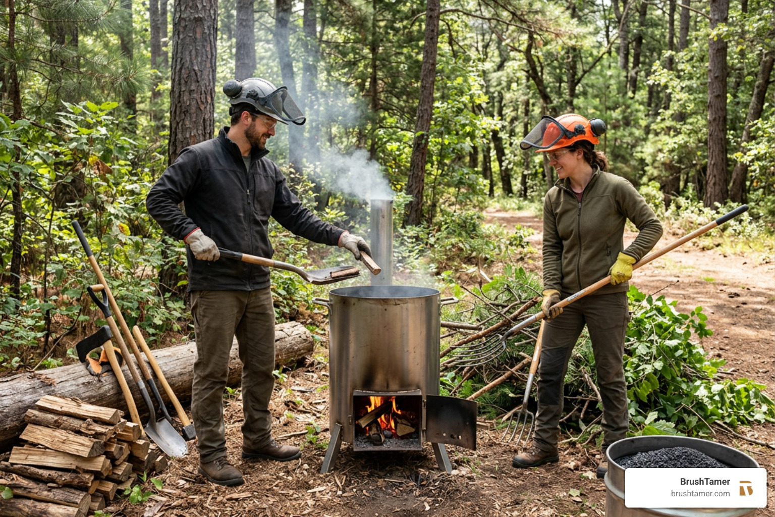 A male and female land management team safely producing clean, high-quality biochar from cleared invasive brush