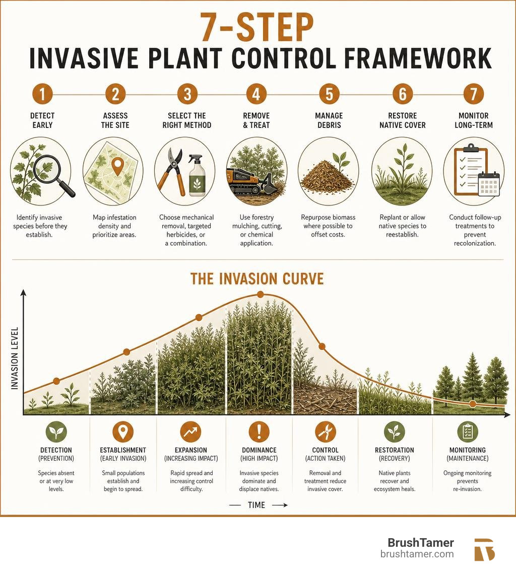 7-step invasive plant control framework showing invasion curve detection removal monitoring phases infographic