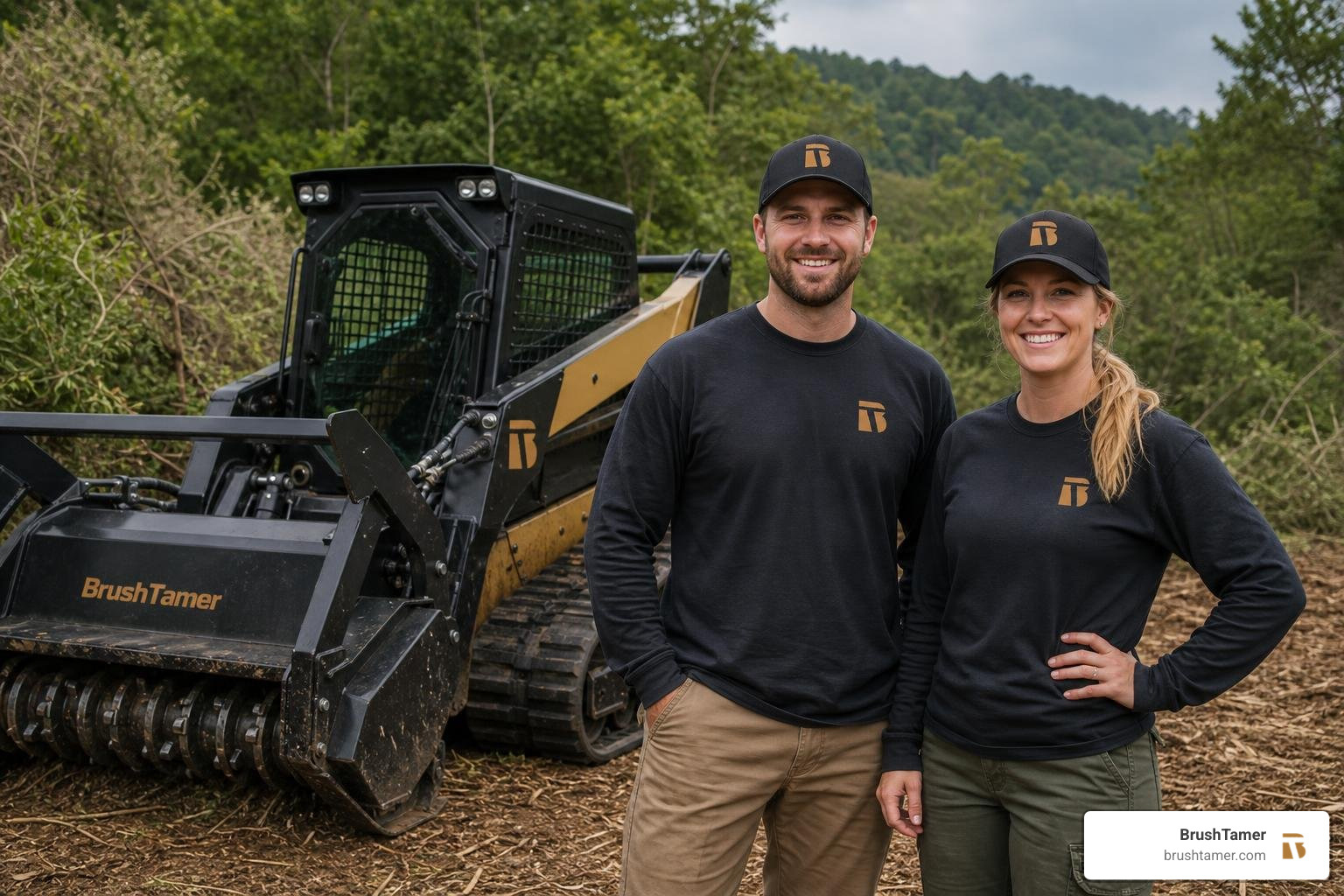 Our professional team, a male and female operator, smiling next to a high-performance forestry mulcher in BrushTamer brand