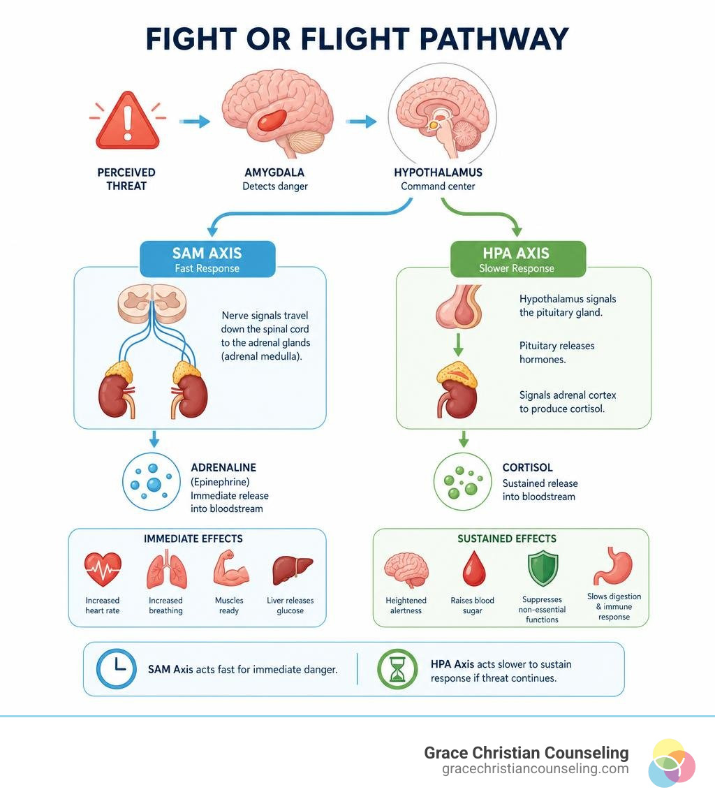 Simple infographic showing the fight-or-flight pathway from amygdala to hypothalamus, SAM axis, and HPA axis infographic