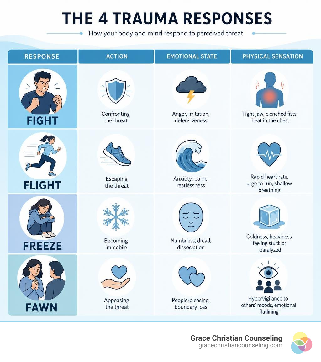 Simple infographic summarizing fight, flight, freeze, and fawn responses with actions, emotions, and physical sensations