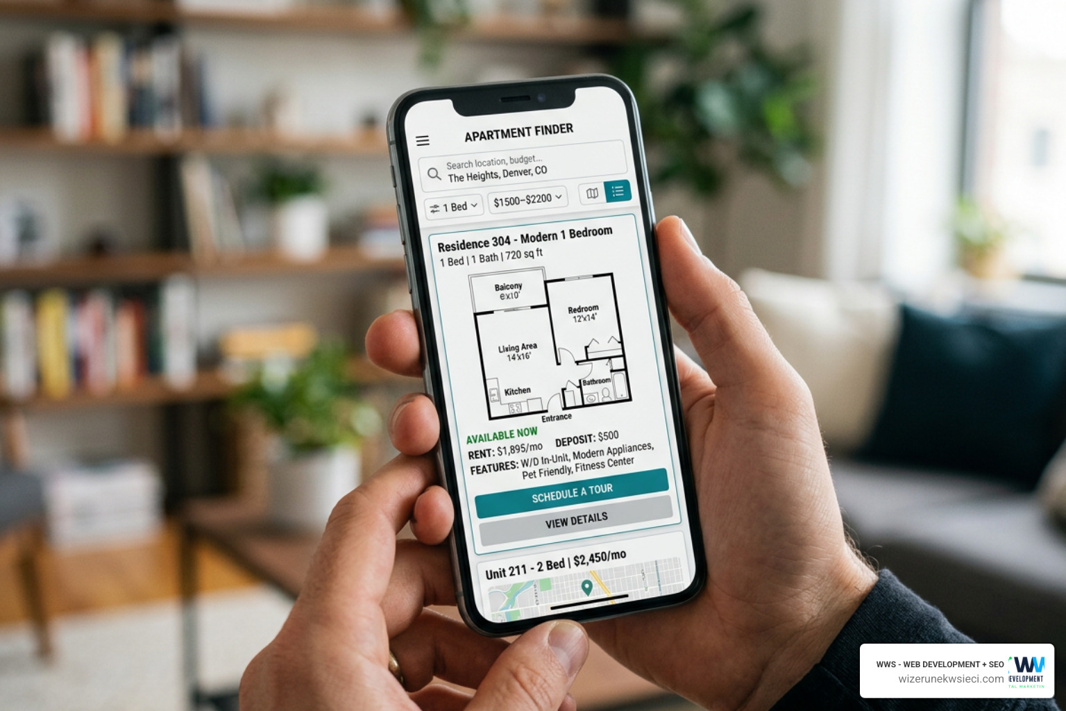 Interactive apartment search engine on a mobile phone screen showing floor plans and pricing