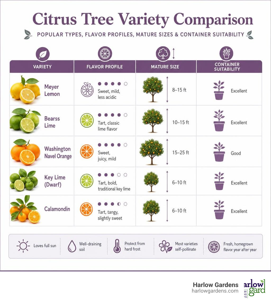 Citrus tree variety comparison infographic showing popular types, flavor profiles, mature sizes, and container suitability