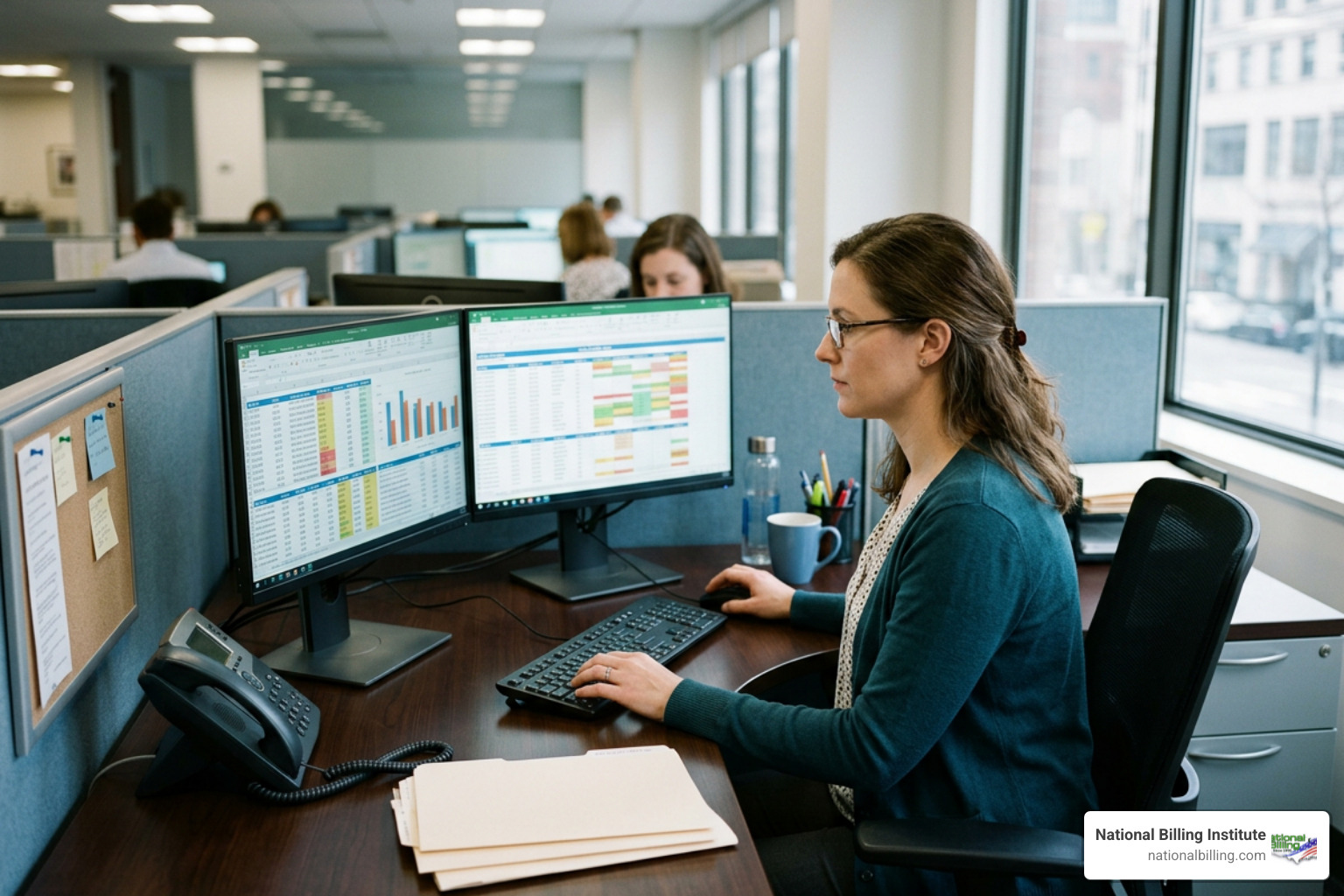 Medical coder analyzing complex healthcare claims data on multiple monitors