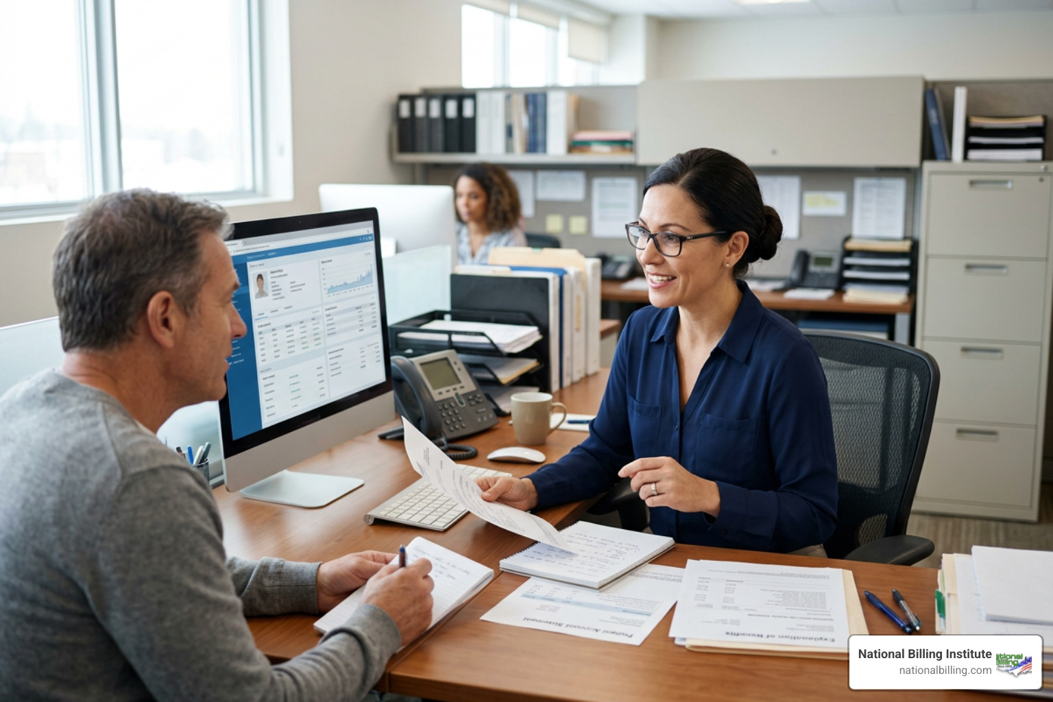 Healthcare administrator answering client questions and providing billing support