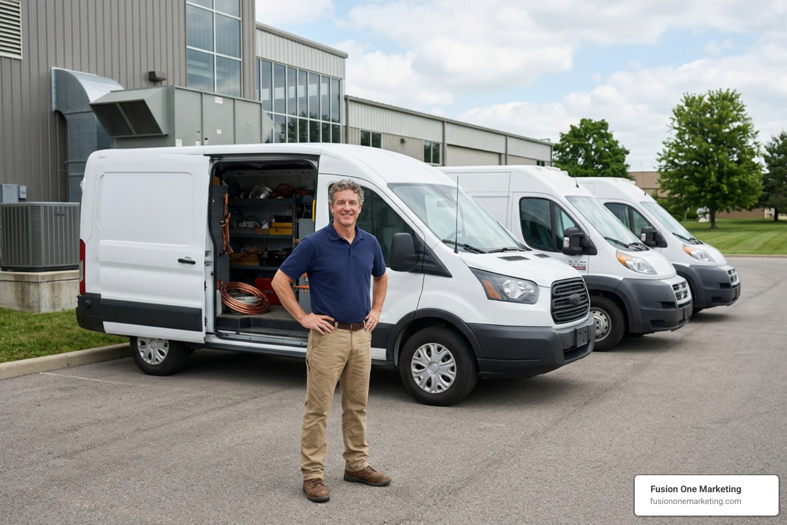 Successful HVAC business owner with fleet of service trucks Successful HVAC business owner with fleet of service trucks