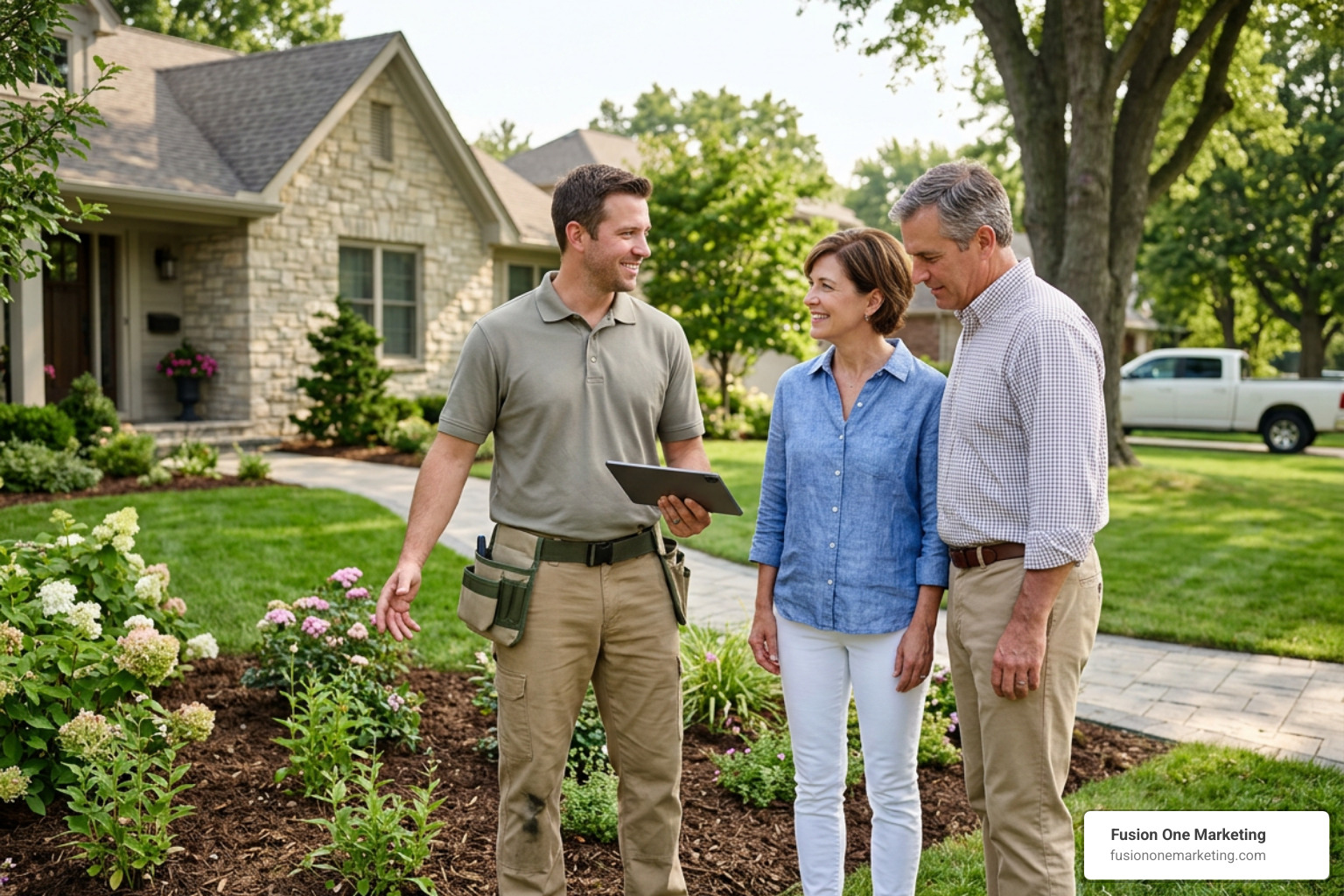 Landscaper talking to a homeowner client in Birmingham AL Landscaper talking to a homeowner client in Birmingham AL