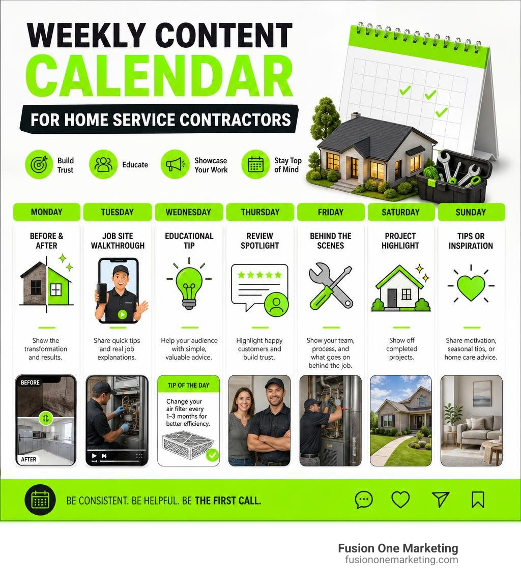 Infographic showcasing the weekly content calendar for home service contractors infographic Infographic showcasing the weekly content calendar for home service contractors infographic