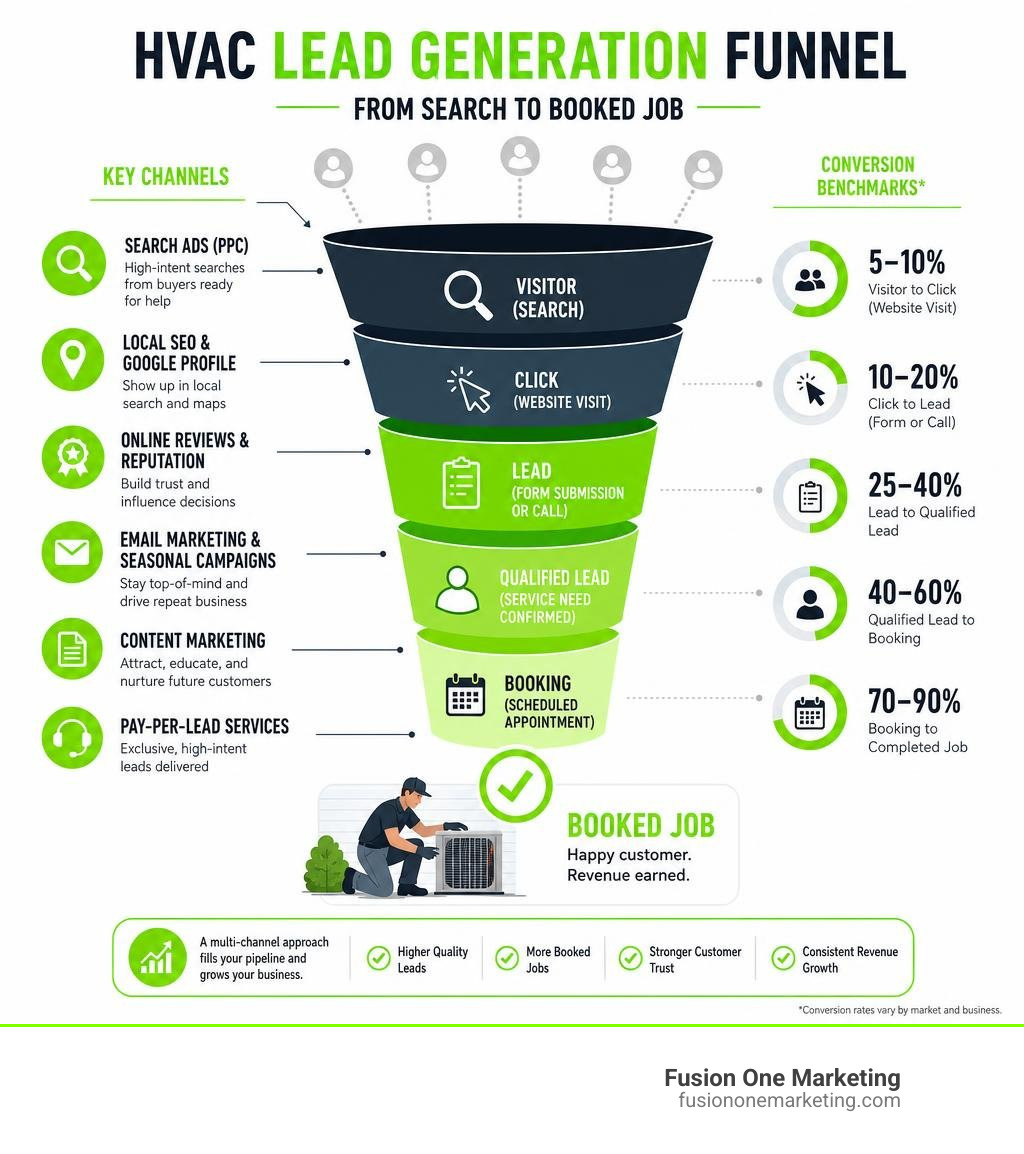HVAC lead generation funnel from search to booked job with key channels and conversion stats infographic HVAC lead generation funnel from search to booked job with key channels and conversion stats infographic