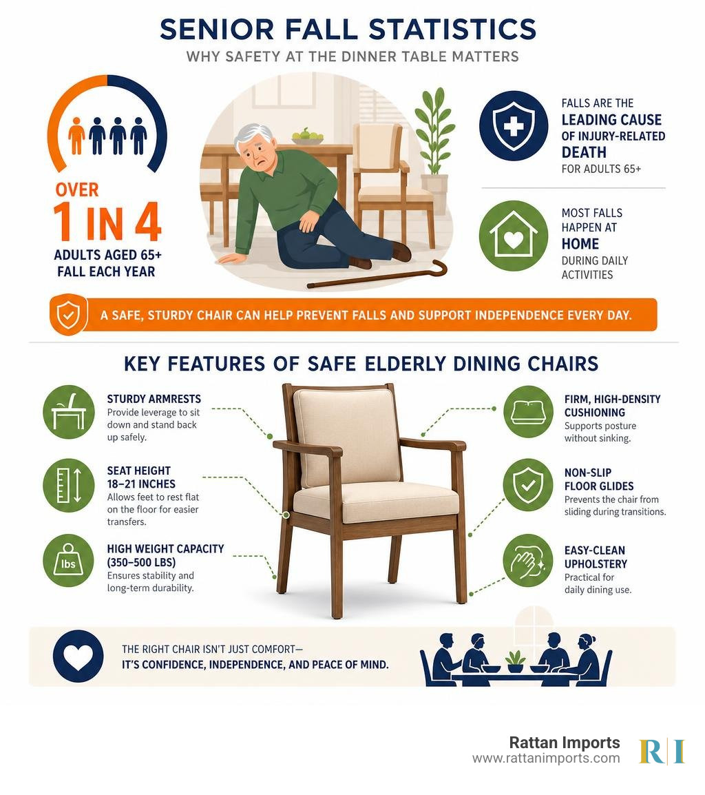 infographic showing senior fall statistics and key features of safe elderly dining chairs infographic infographic showing senior fall statistics and key features of safe elderly dining chairs infographic