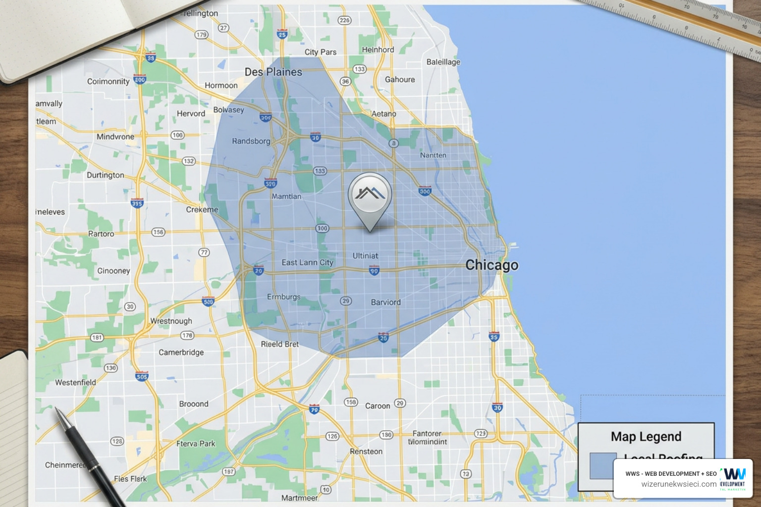 Map of local roofing service areas in Chicago and Des Plaines IL