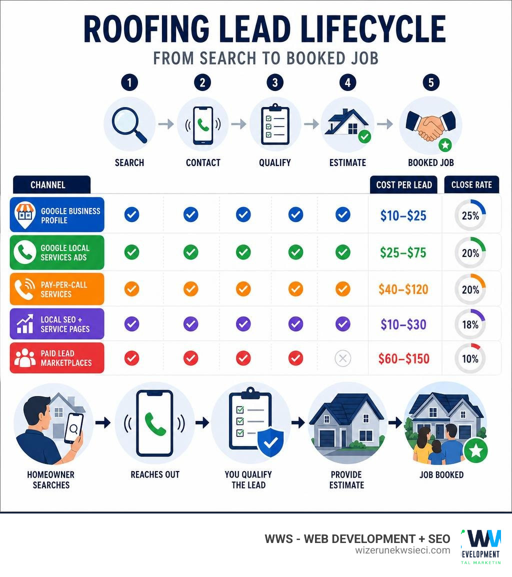 Roofing lead lifecycle infographic from search to booked job showing channels, cost per lead, and close rates infographic