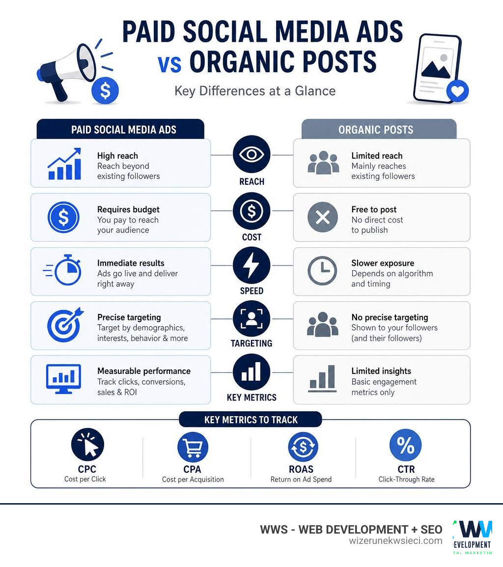 Infographic comparing paid social media ads vs organic posts: reach, cost, speed, targeting, and key metrics infographic