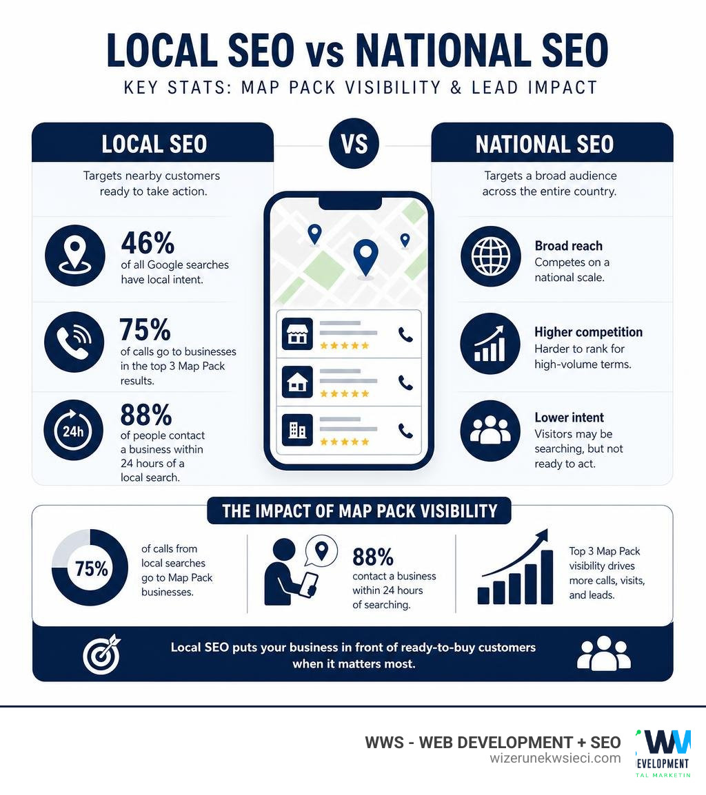 Infographic comparing local SEO vs national SEO key stats Map Pack visibility and lead impact infographic
