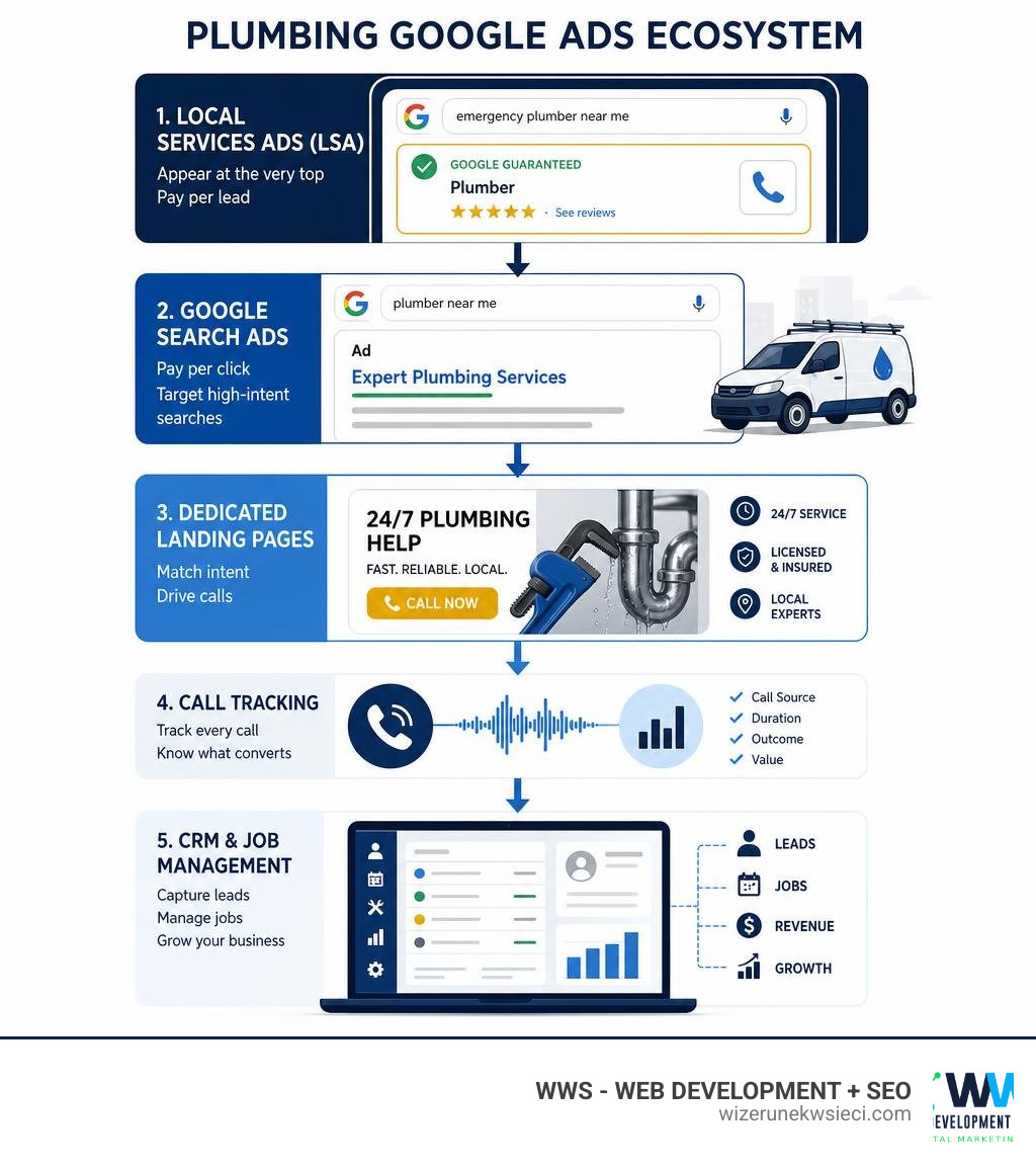 Infographic showing plumbing Google Ads ecosystem: LSA at top, Search Ads below, landing pages, call tracking, and CRM
