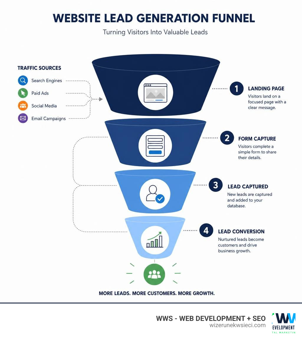 Website lead generation funnel showing traffic sources, landing page, form capture, and lead conversion stages infographic
