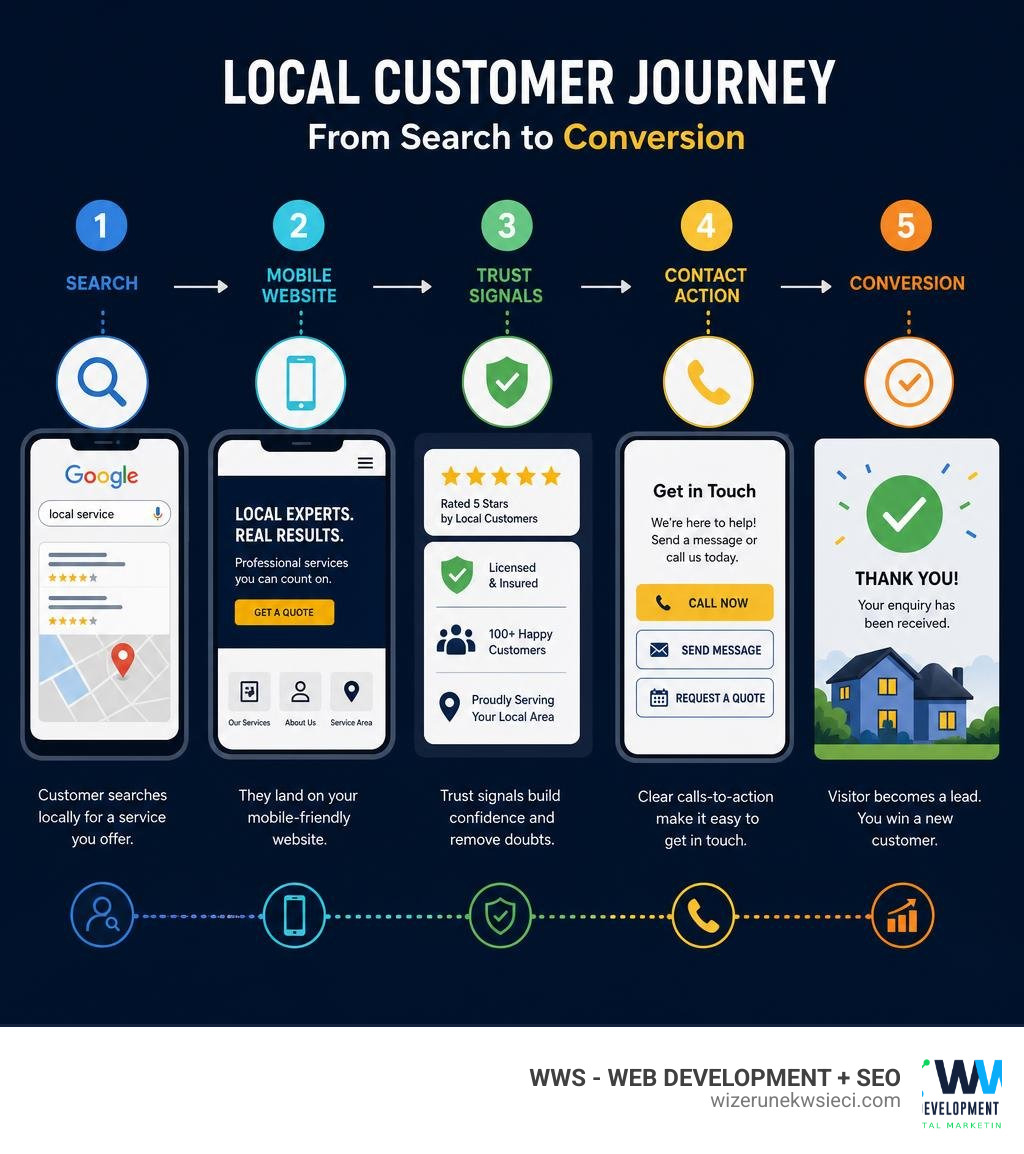Local customer journey infographic: search → mobile website → trust signals → contact action → conversion infographic Local customer journey infographic: search → mobile website → trust signals → contact action → conversion infographic