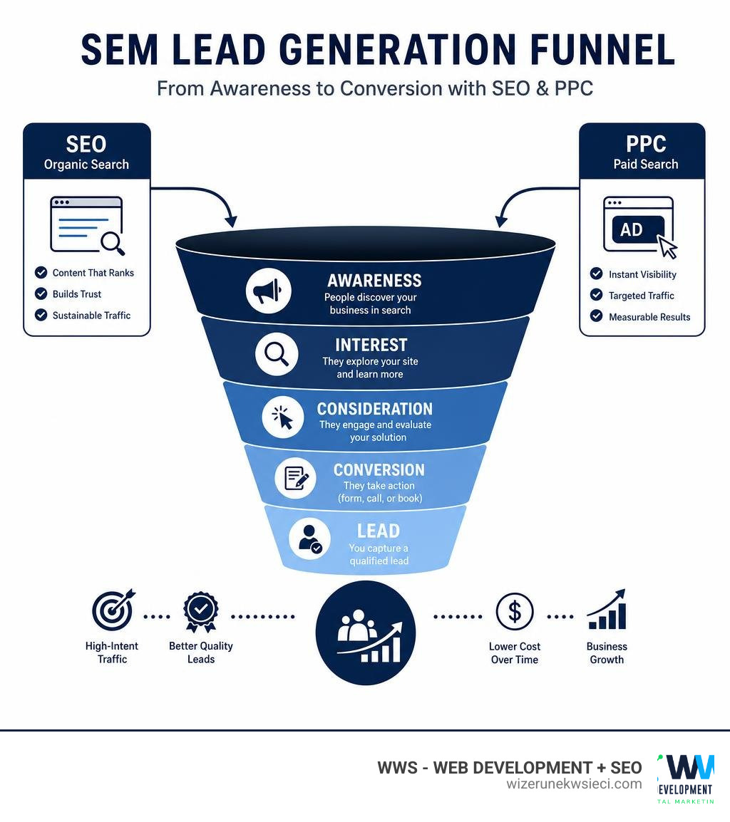 SEM lead generation funnel showing awareness to conversion stages with SEO and PPC channels infographic SEM lead generation funnel showing awareness to conversion stages with SEO and PPC channels infographic