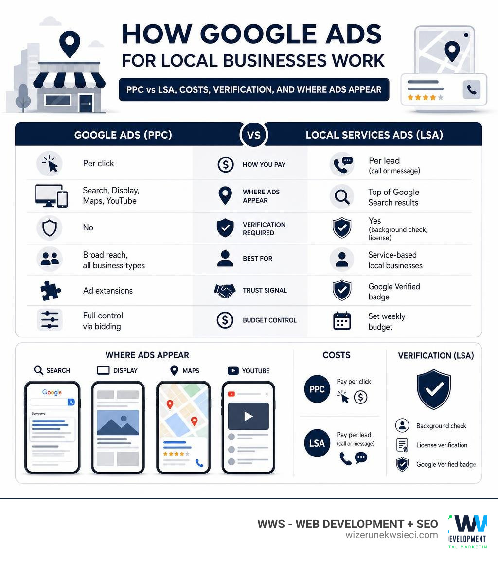 How Google Ads for local businesses work: PPC vs LSA, costs, verification, and where ads appear infographic How Google Ads for local businesses work: PPC vs LSA, costs, verification, and where ads appear infographic