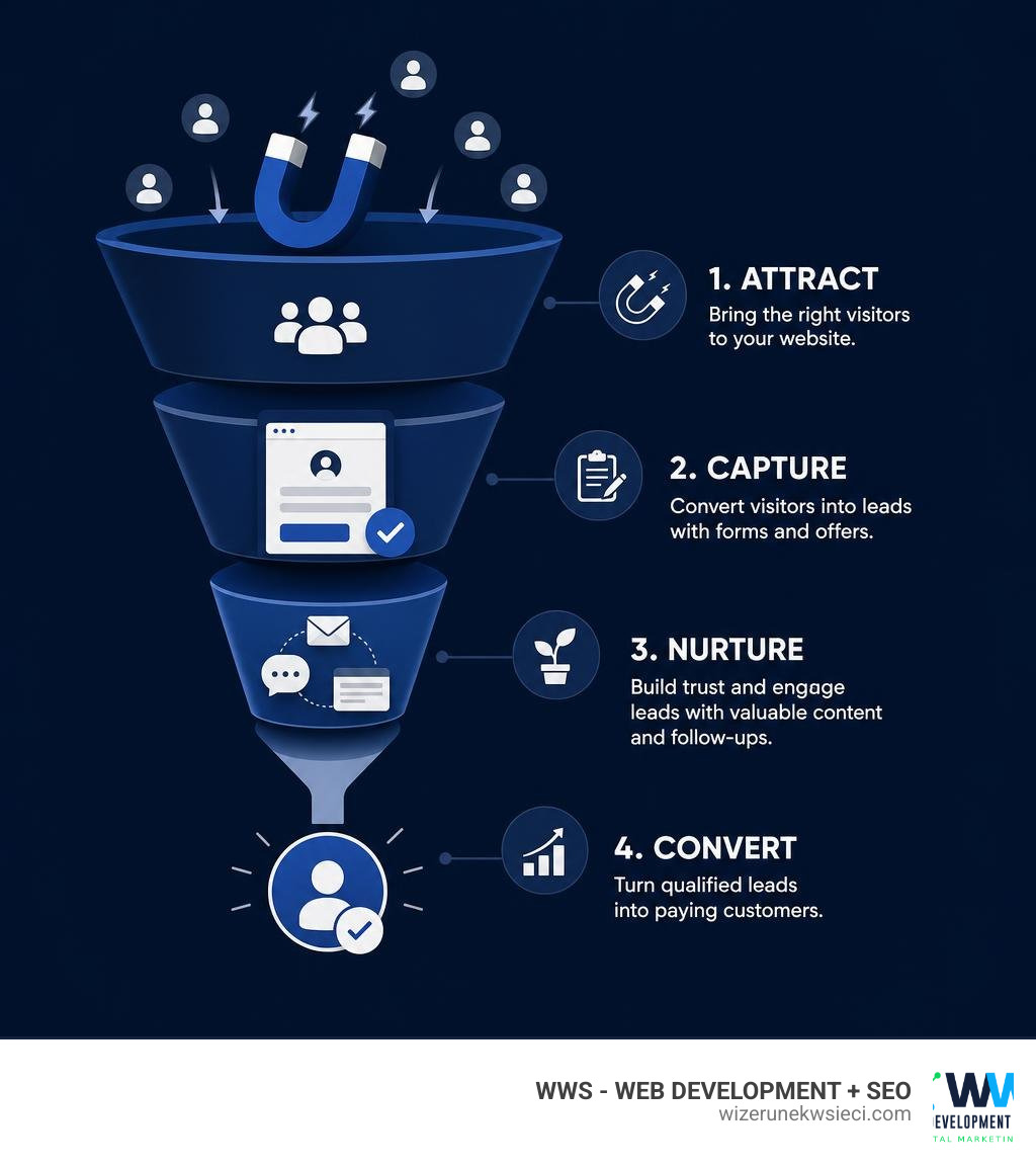 Inbound lead generation funnel showing visitor attraction, lead capture, nurture, and conversion stages infographic
