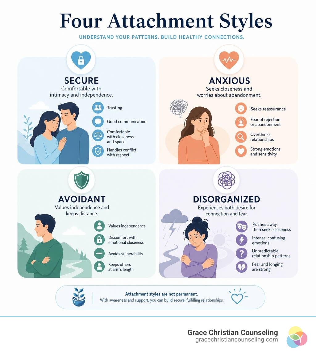 Four attachment styles infographic: secure, anxious, avoidant, disorganized with key traits infographic Four attachment styles infographic: secure, anxious, avoidant, disorganized with key traits infographic