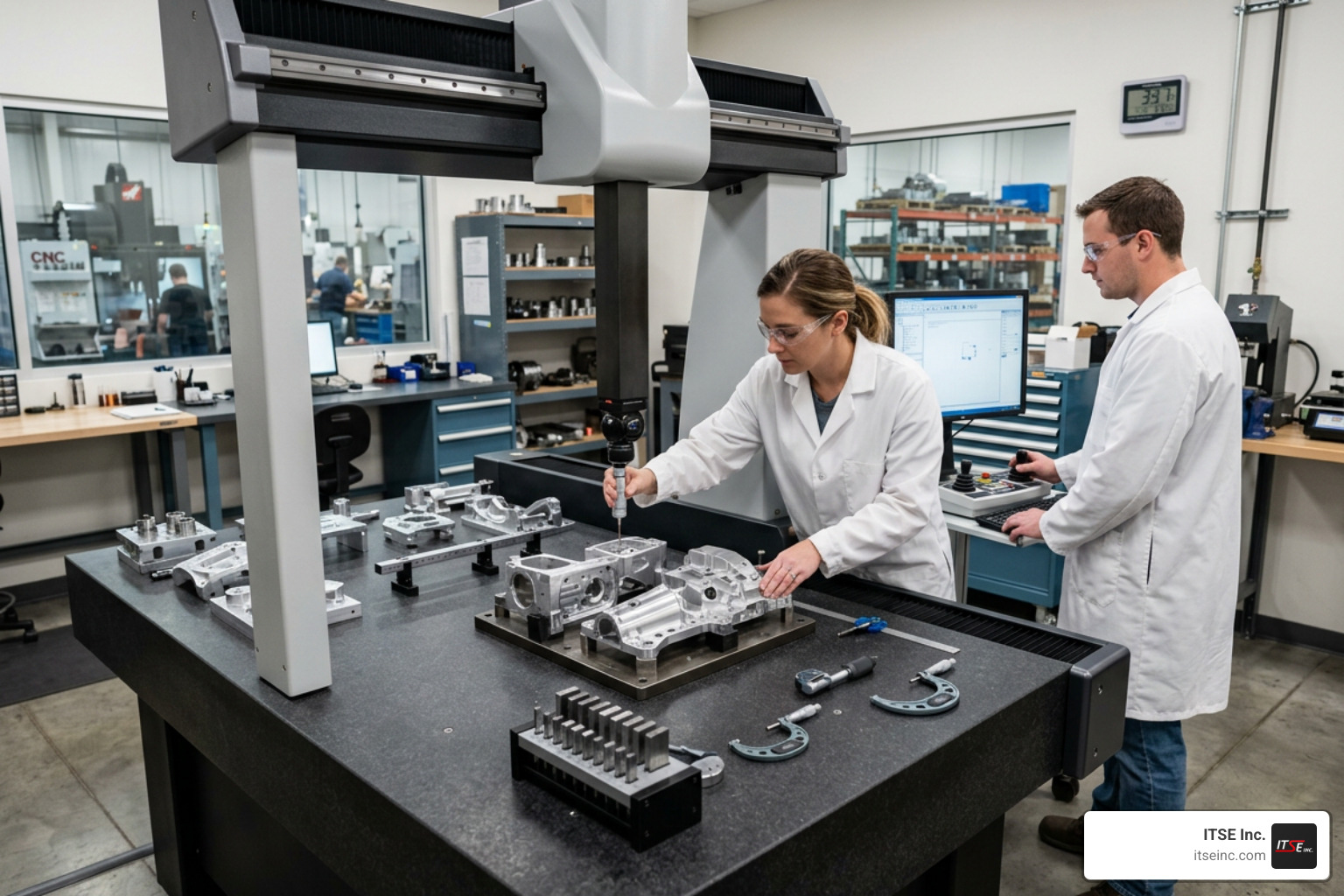 Quality inspection department testing close tolerance machined parts with a CMM