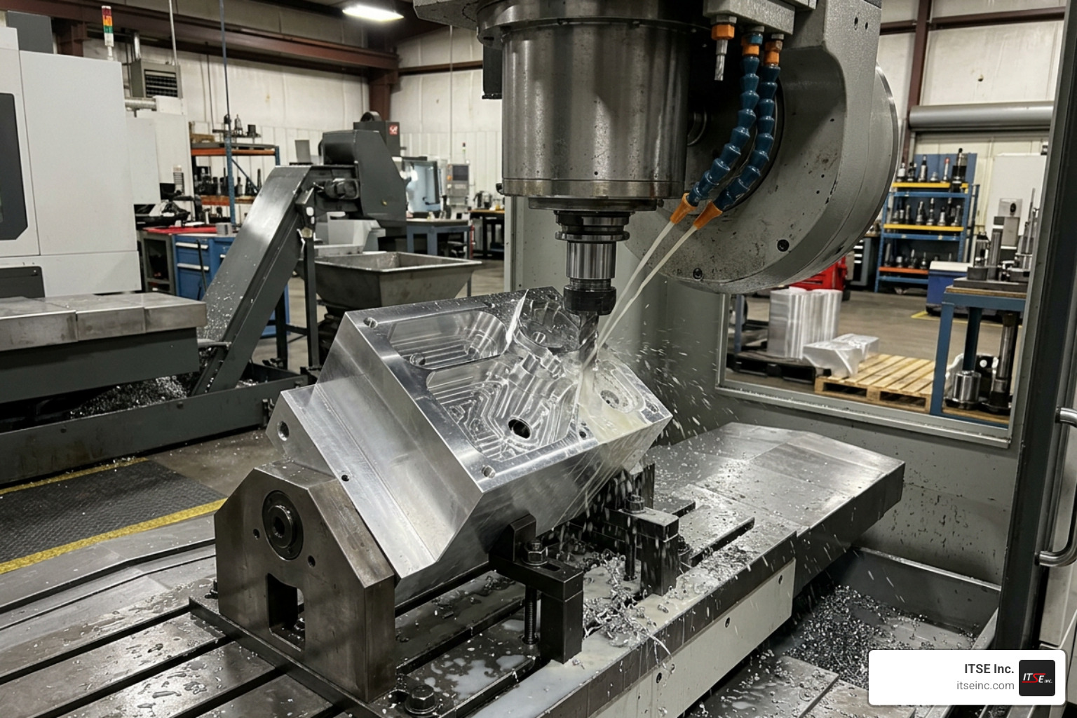 Modern 5-axis CNC spindle machining a high-precision aerospace component