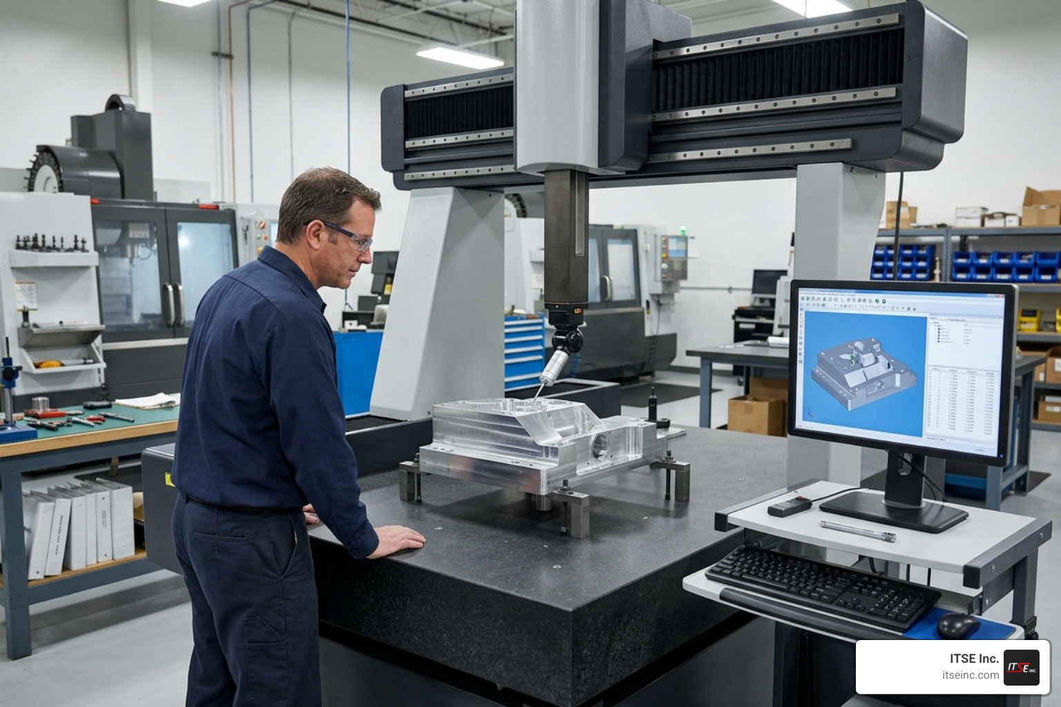 Coordinate measuring machine inspecting a machined part Coordinate measuring machine inspecting a machined part