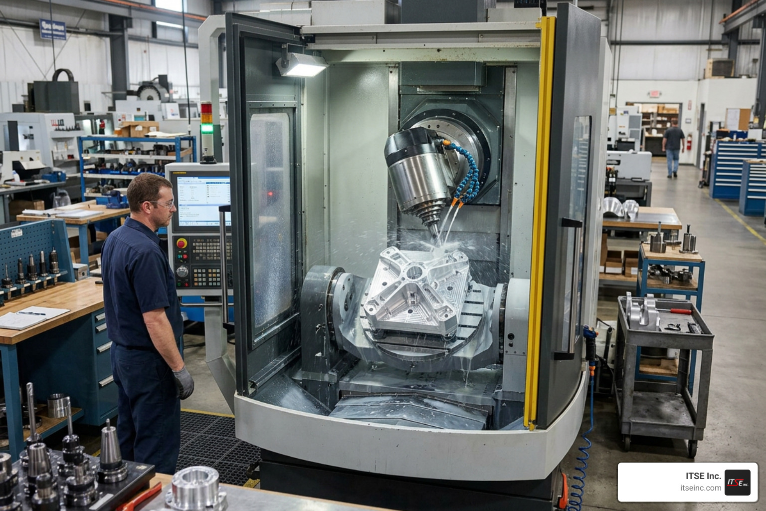 5-axis CNC milling machine operating on a complex industrial component 5-axis CNC milling machine operating on a complex industrial component