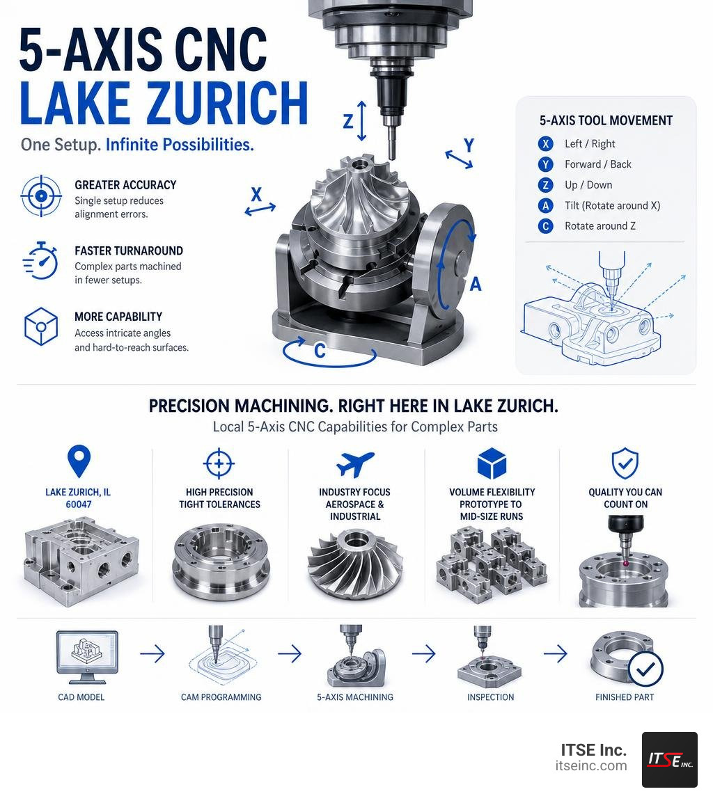 5-axis CNC Lake Zurich infographic showing tool movement axes and local shop capabilities infographic