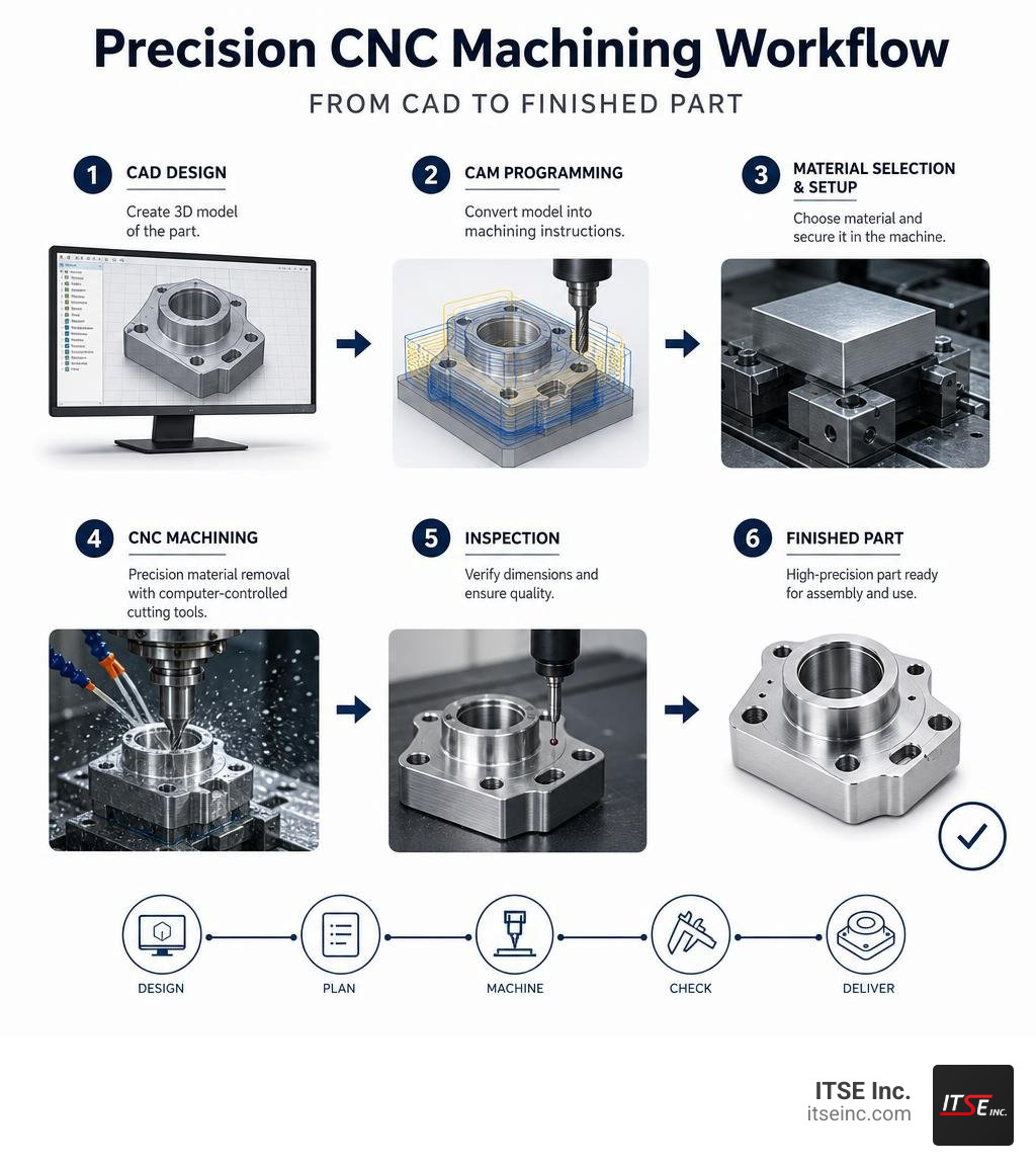 Step-by-step precision CNC machining workflow from CAD to finished part infographic Step-by-step precision CNC machining workflow from CAD to finished part infographic