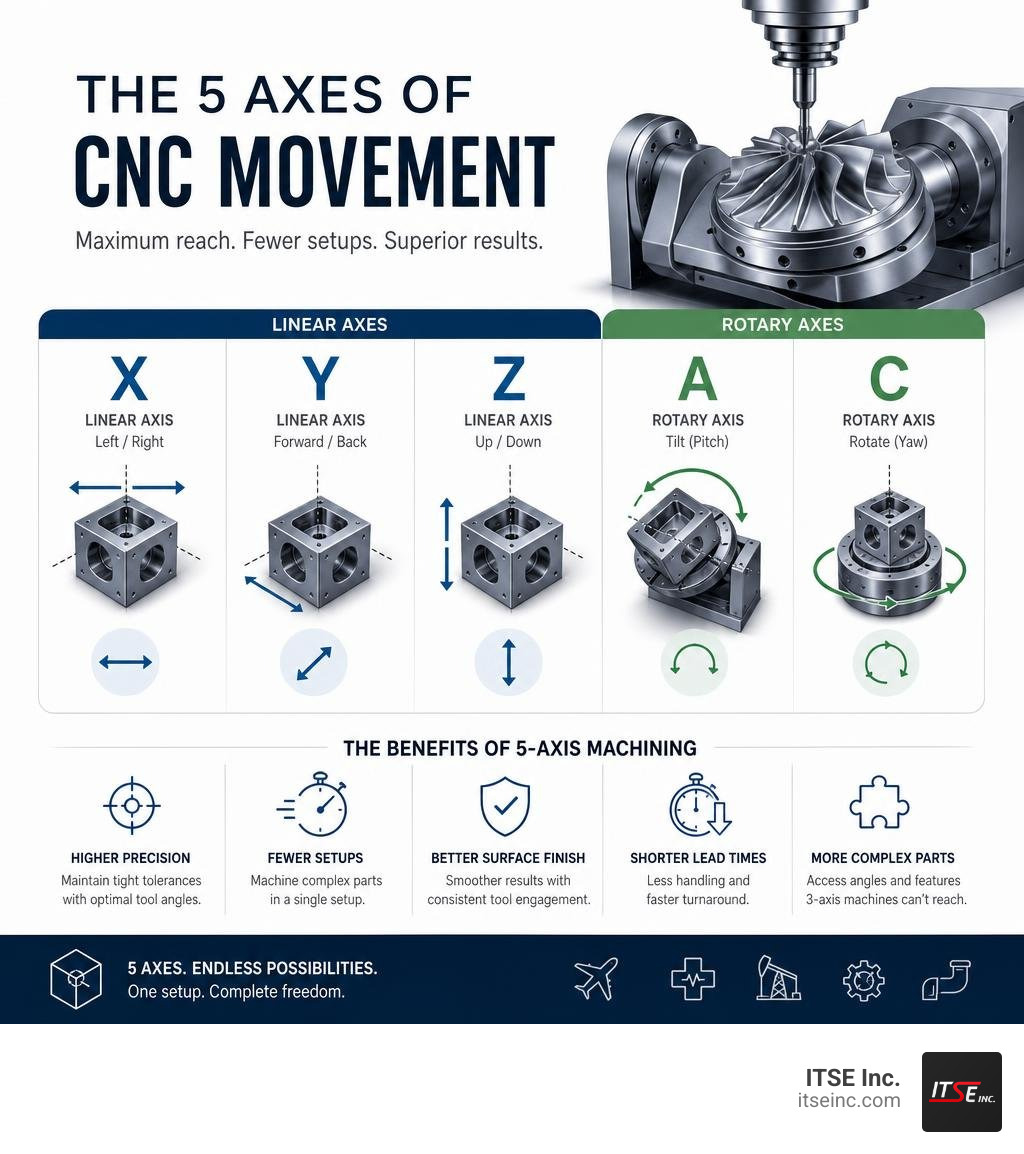 Infographic showing the 5 axes of CNC movement: X Y Z linear axes plus A and C rotary axes with benefits infographic Infographic showing the 5 axes of CNC movement: X Y Z linear axes plus A and C rotary axes with benefits infographic