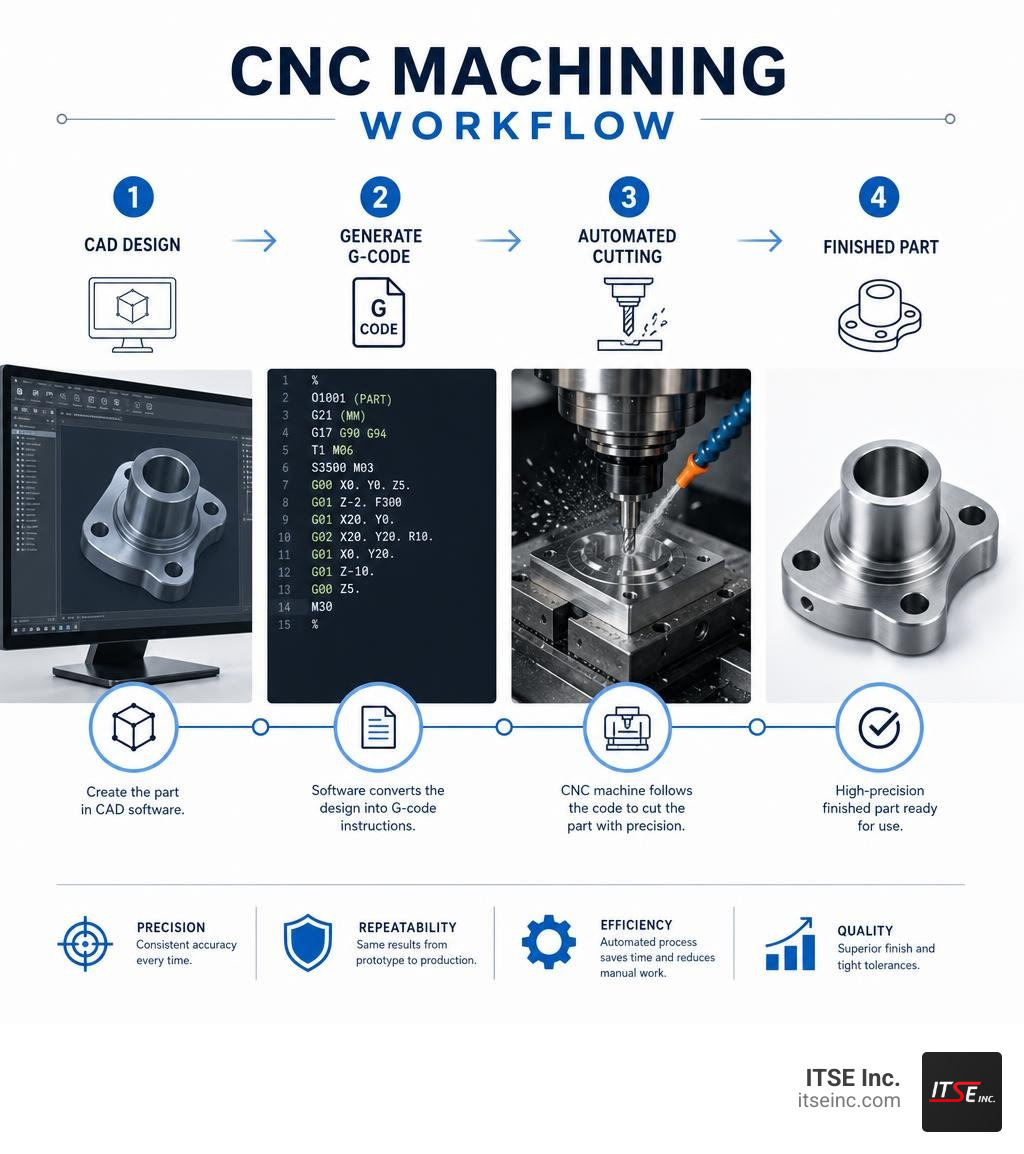 CNC machining workflow infographic: CAD design to G-code to automated cutting to finished part infographic CNC machining workflow infographic: CAD design to G-code to automated cutting to finished part infographic