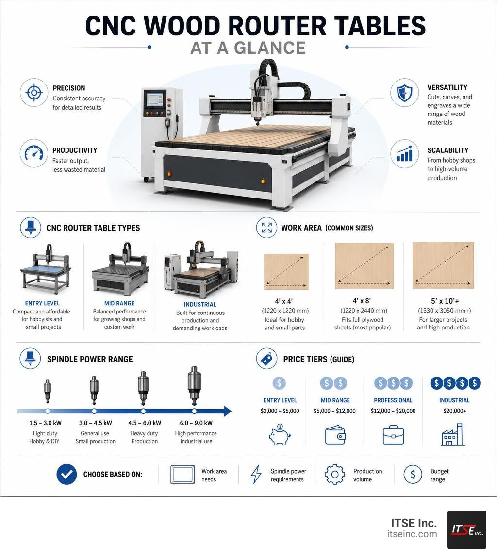 Infographic showing CNC wood router table types, work areas, spindle power ranges, and price tiers infographic