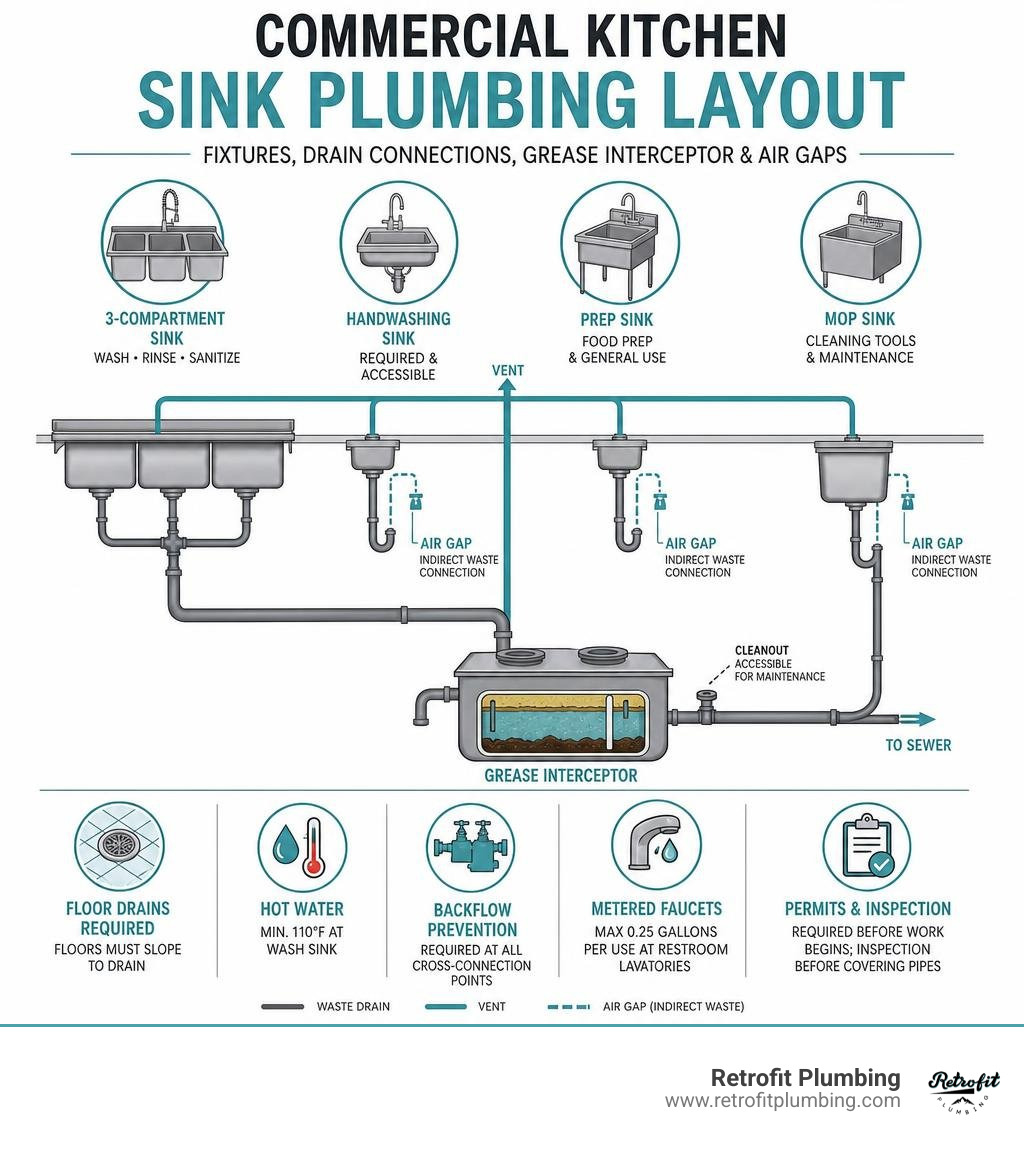 Commercial kitchen sink plumbing layout infographic showing required fixtures, drain connections, grease interceptor, and Commercial kitchen sink plumbing layout infographic showing required fixtures, drain connections, grease interceptor, and