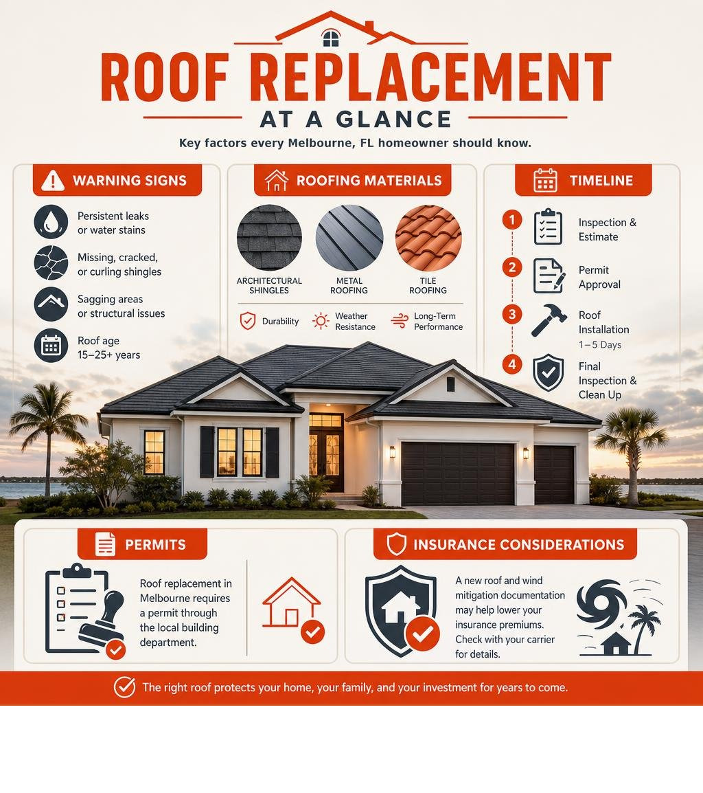 Infographic showing roof replacement overview: warning signs, materials, timeline, permits, and insurance considerations