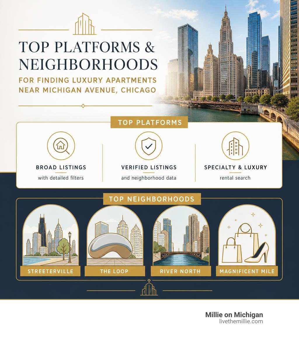 Top platforms and neighborhoods for finding luxury apartments near Michigan Avenue Chicago infographic