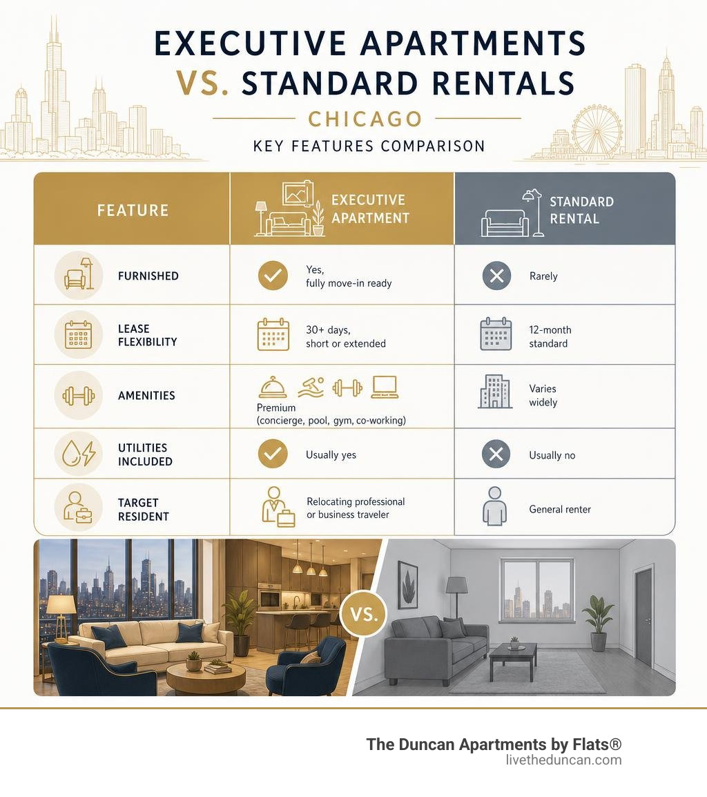 Infographic comparing executive apartments vs standard rentals in Chicago key features infographic Infographic comparing executive apartments vs standard rentals in Chicago key features infographic