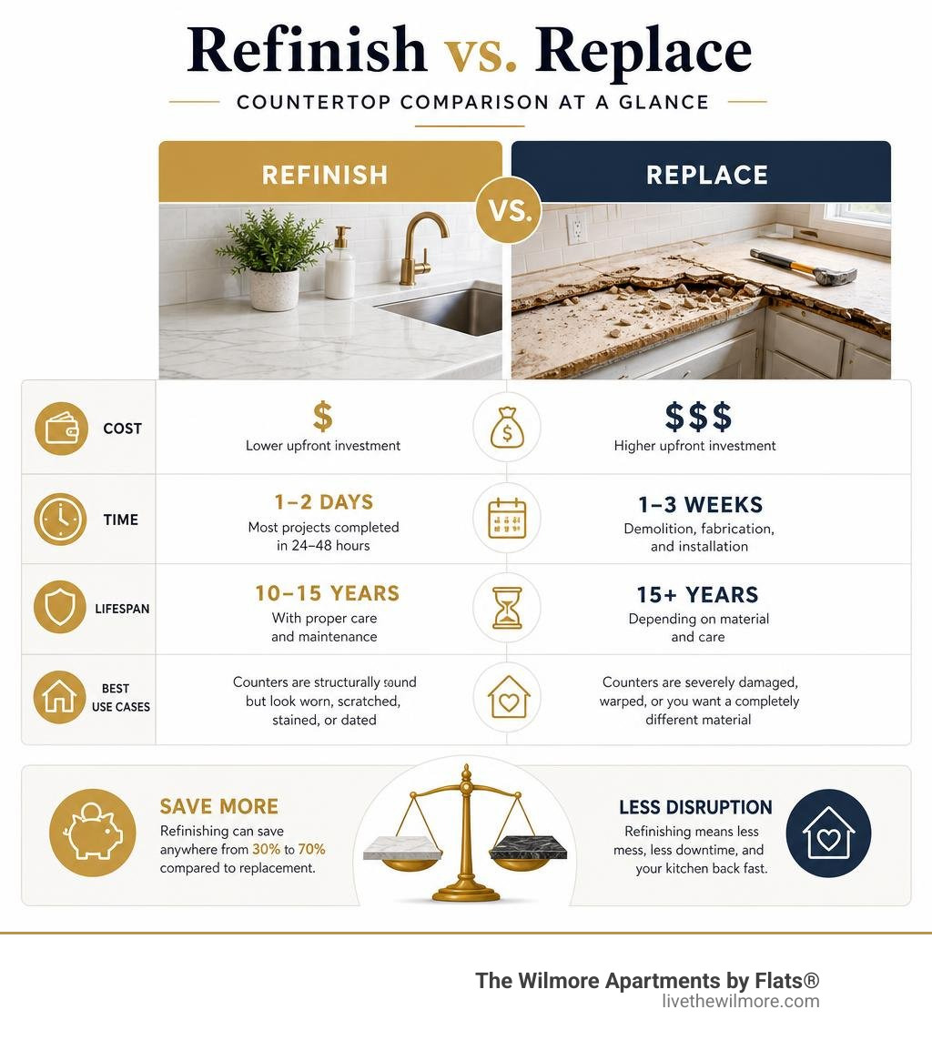 Infographic comparing countertop refinishing vs replacement: cost, time, lifespan, and best use cases infographic Infographic comparing countertop refinishing vs replacement: cost, time, lifespan, and best use cases infographic