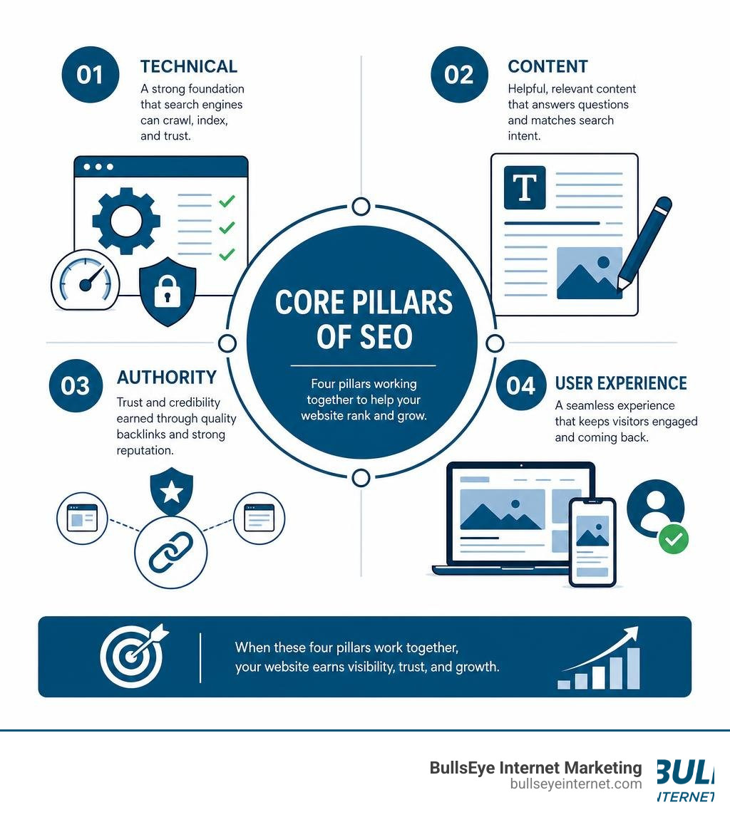 Core pillars of SEO: technical, content, authority, and user experience explained infographic Core pillars of SEO: technical, content, authority, and user experience explained infographic