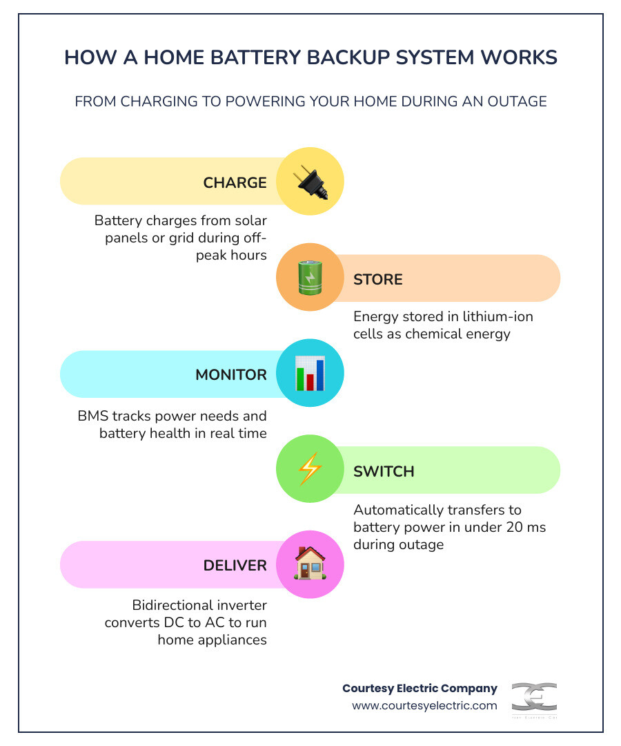 infographic showing home energy flow from solar panels to battery storage to home circuits during grid outage infographic