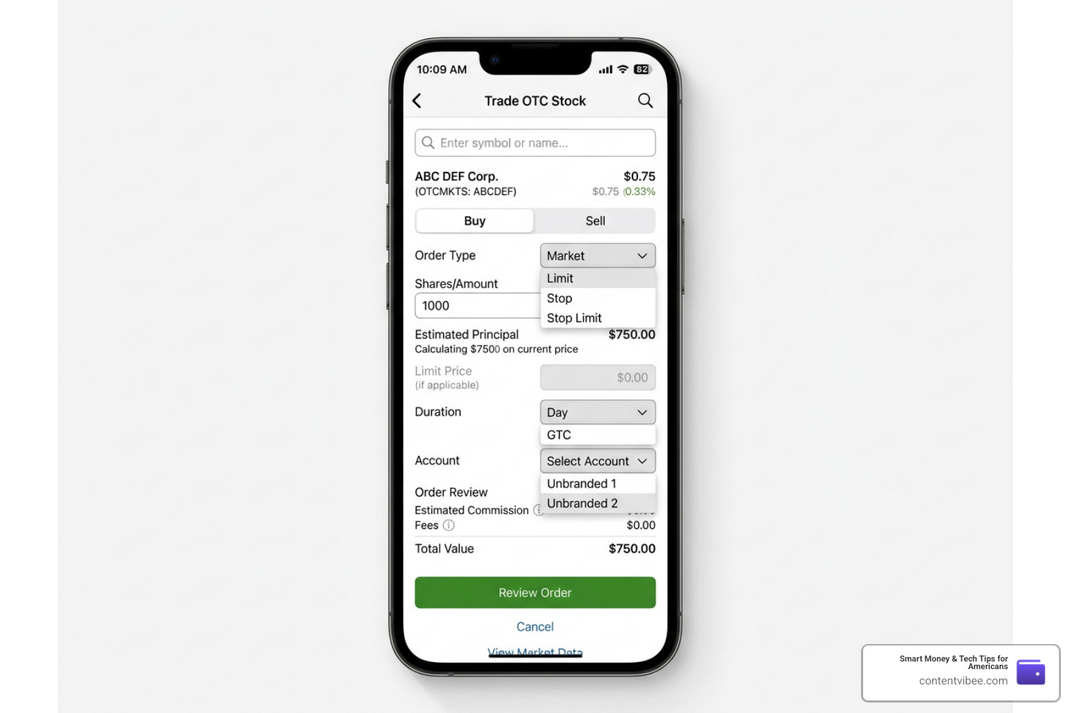 Fidelity mobile app interface showing stock order screen