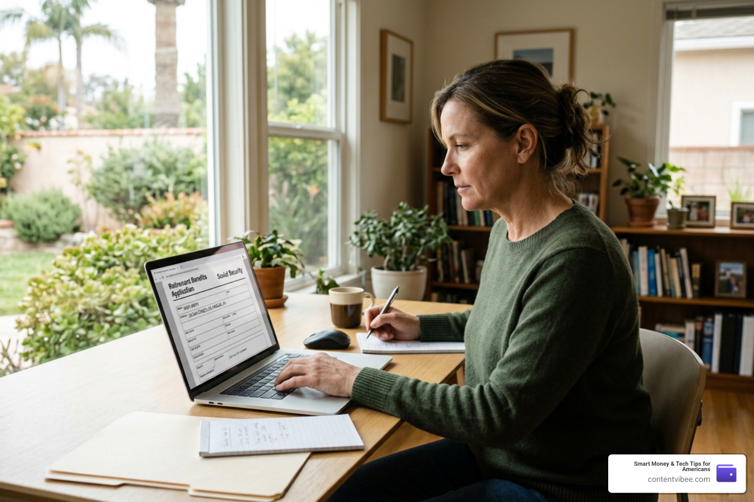 A person sitting at a desk in California filling out online Social Security forms