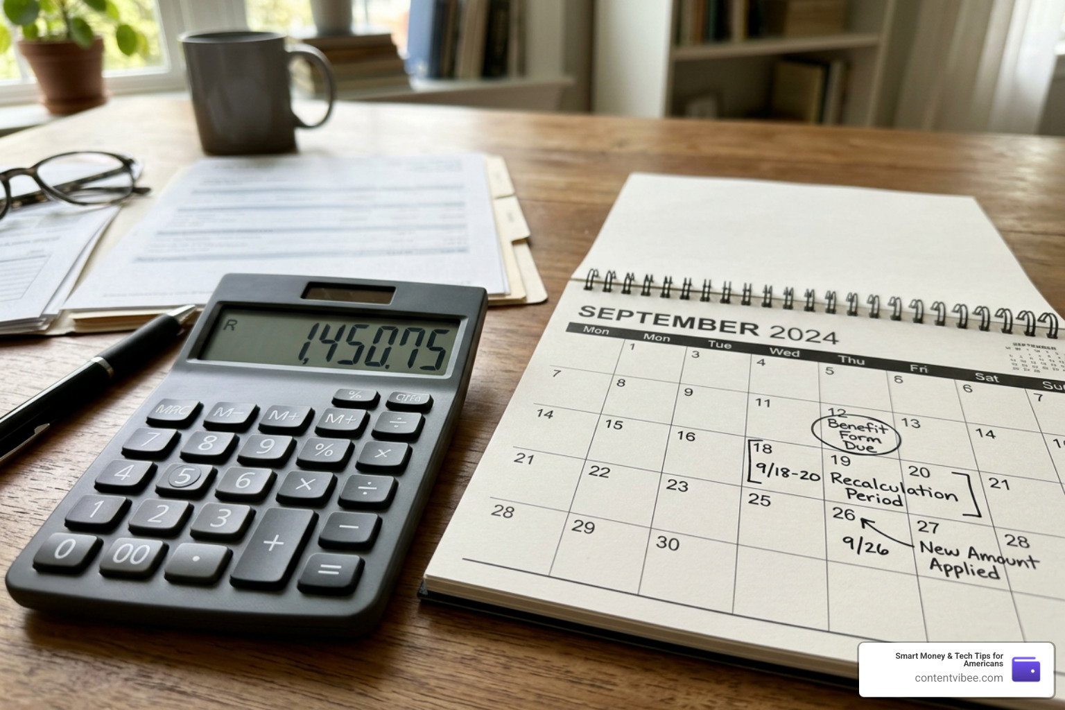 Calculator and calendar showing benefit recalculation timelines