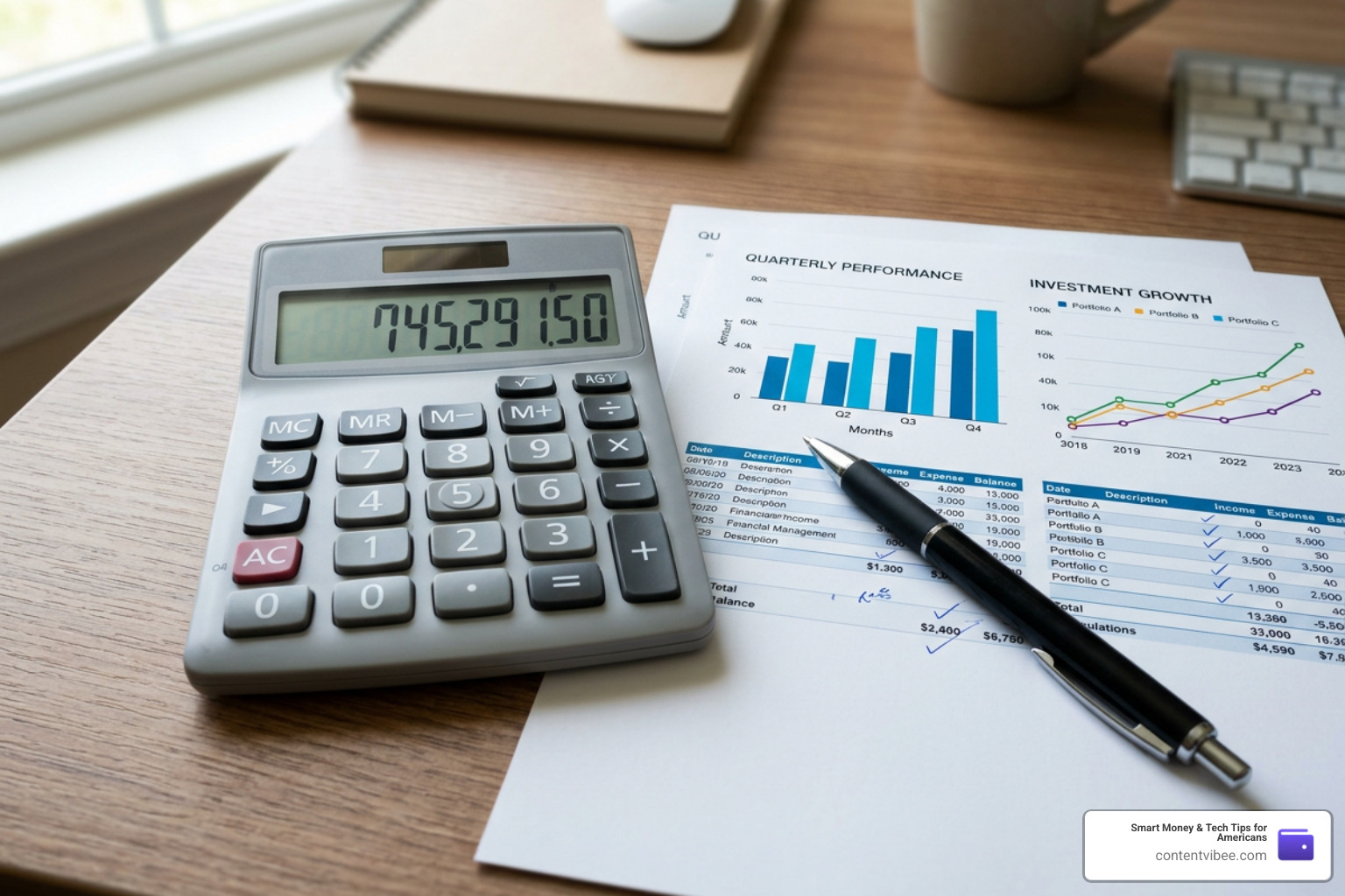 A close-up of a calculator, financial charts, and a pen on a desk